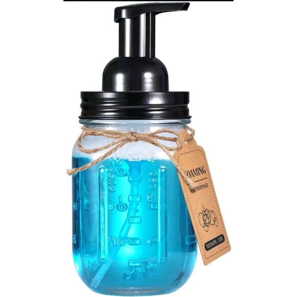 Soap Dispenser New Mason Jar Foaming Black Metal And Glass Pair - Picture 2 of 4